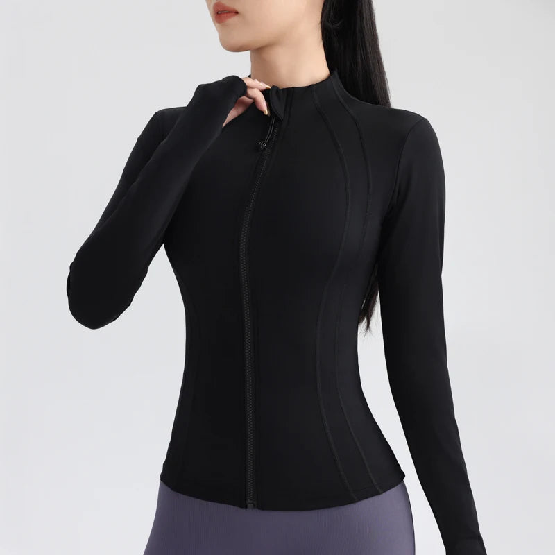 Damen Yoga Top mit Vollem Reißverschluss – Fitness Laufjacke mit Daumenlöchern