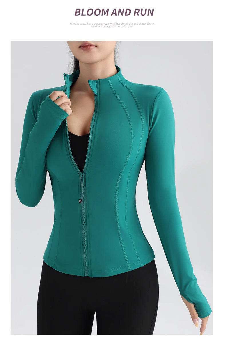 Damen Yoga Top mit Vollem Reißverschluss – Fitness Laufjacke mit Daumenlöchern