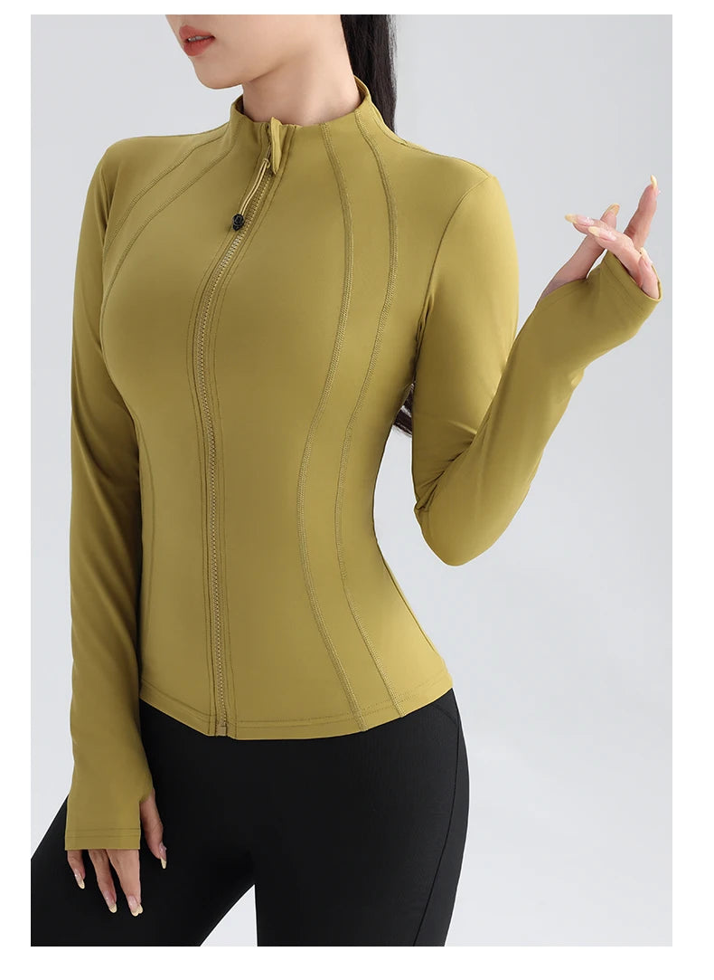 Damen Yoga Top mit Vollem Reißverschluss – Fitness Laufjacke mit Daumenlöchern