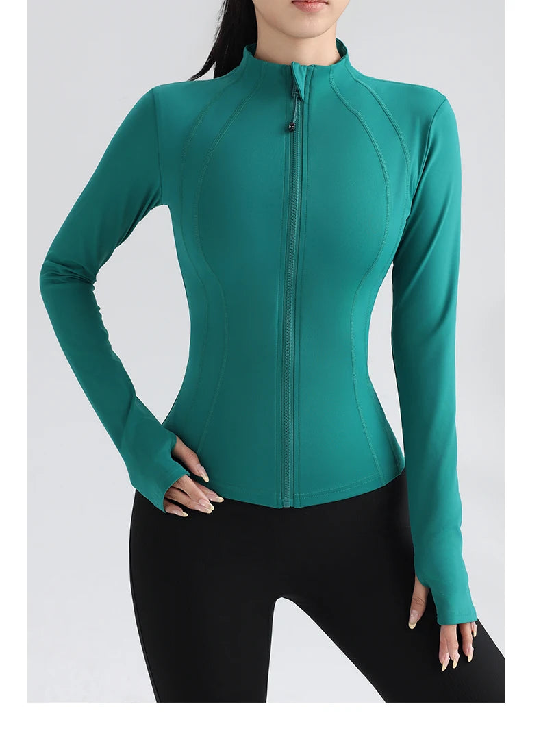 Damen Yoga Top mit Vollem Reißverschluss – Fitness Laufjacke mit Daumenlöchern