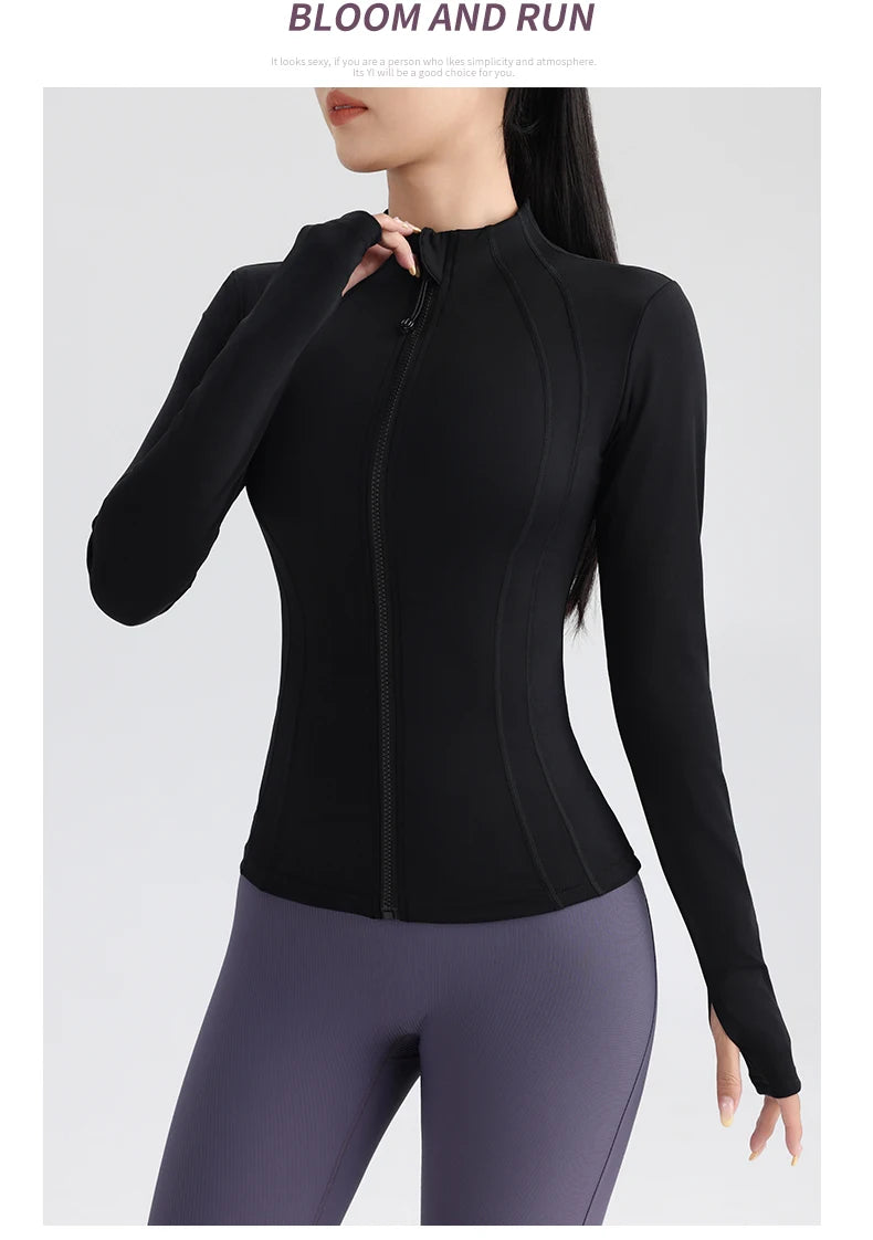 Damen Yoga Top mit Vollem Reißverschluss – Fitness Laufjacke mit Daumenlöchern